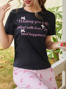 SHEIN 2 件套复古字母设计蝴蝶结装饰圆领 T 恤和格子蝴蝶印花宽松长裤睡衣套装适合青少年女孩 - 黑色 - 查看 4