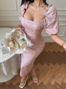 DAZY Vestido de longitud media con cuello cuadrado y mangas abullonadas con estampado floral para mujeres, vestido de fiesta elegante y vestido de verano formal para mujeres