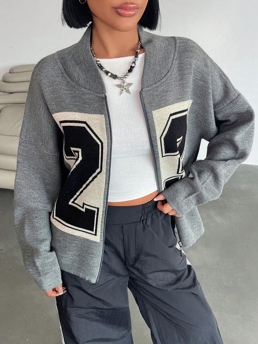 EURMUSE Áo khoác cardigan dệt kim dài tay màu xám dành cho nữ, áo khoác có in số "23" lớn ở mặt trước, được chia thành nhiều ngăn bằng khóa kéo, mùa thu, quần áo mùa đông, áo khoác cardigan, quần áo mùa thu - Xám - Xem 1