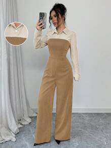 Chiquease 休闲百搭通勤连体裤，纽扣衬衫款式，开叉腰部撞色条纹细节，秋冬款