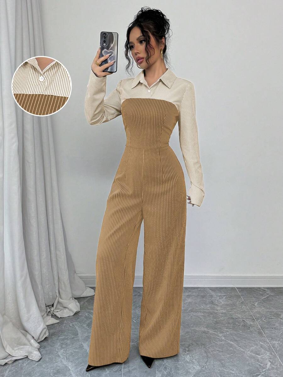 Chiquease 休闲百搭通勤连体裤，纽扣衬衫款式，开叉腰部撞色条纹细节，秋冬款