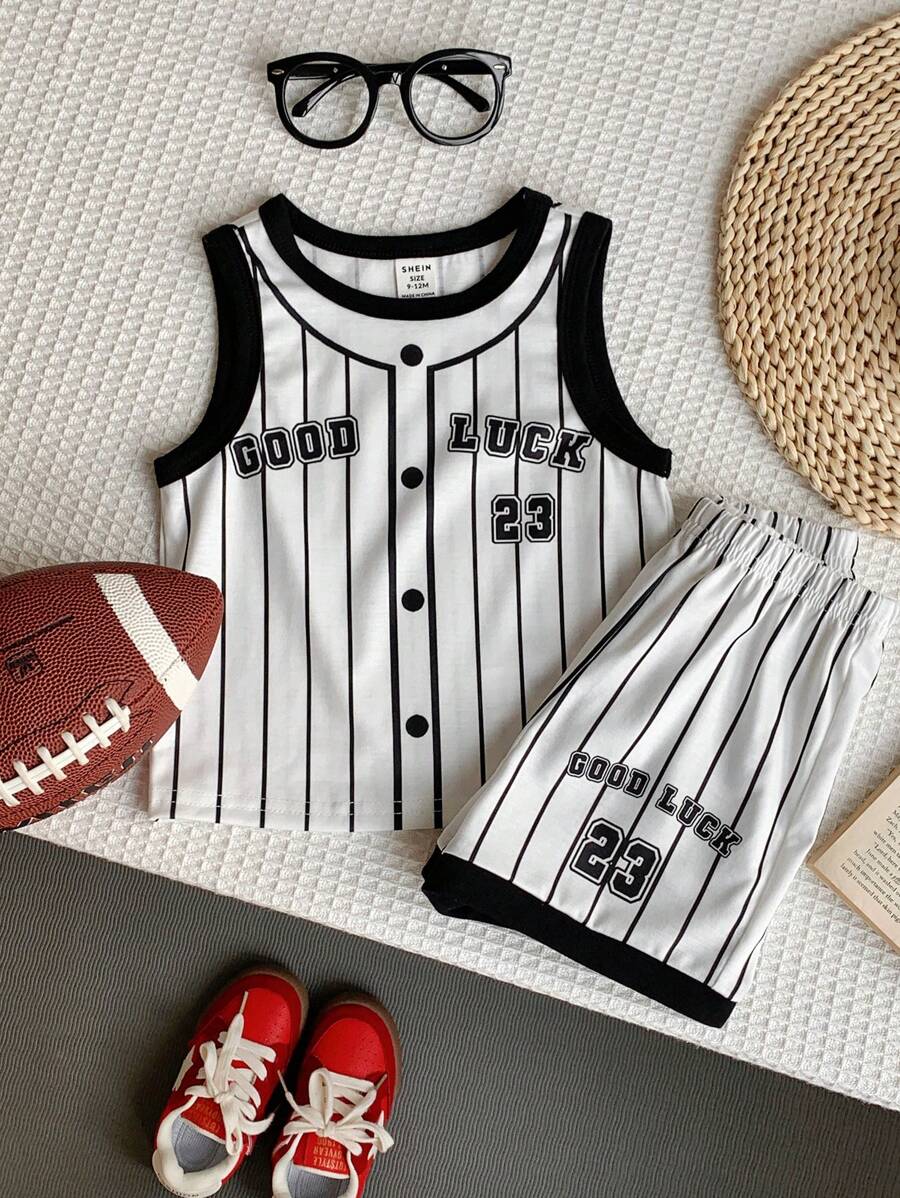 SHEIN 2pcs/Set Toddler/Infant Unisex Black & White Baseball Jersey Letter & Striped Pattern Round Neck Short Sleeve Top And Elastic Waist Shorts, Suitable For Sports - Black and White - View 1