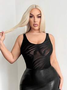 SHEIN SXY Plus Size Women Sexy Streetwear Gyanu Y2K Zebra Asymmetrical Mesh High-Slit Backless Deep U Bodysuit, Suitable For Everyday Wear, Date Night, Birthday, Bachelorette Party Outfit, Elegant, Casual, Shopping, Streetwear, Going Out, Easy To Match & Look Slim, Accentuate Your Body, Flatter The Figure - Black - View 3