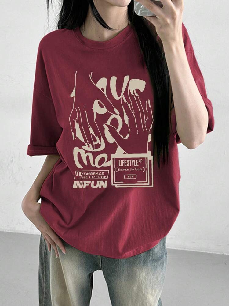 Women Loose Street Style T-Shirt With Bold Graphic Design LIFESTYLE Embrace The Future EMBRACE THE FUTURE FUN Yes Summer Oversized T-Shirt Streetwear