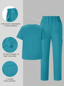 TaskEZ Simple Summer Short Sleeve Uniform Set With Pocket Design On Top And Pants, Scrub Sets - Mint Blue - View 2