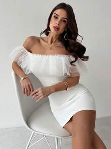 Firerie Valentine's Day New Elegant Romantic Layered Mesh Off Shoulder Bodycon Mini Dress, White Spring/Summer Fairycore - White - View 4