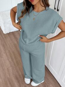 SHEIN Conjunto de top holgado de manga tipo murciélago y pantalones de punto de color albaricoque, conjunto de maternidad informal y holgado, adecuado para usar en primavera/verano a diario - Azul - Ver 2