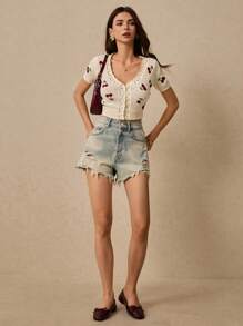 Poéselle Áo cardigan ngắn nữ dệt kim họa tiết anh đào, cổ chữ V rỗng, tay ngắn, phong cách dễ thương, năng động, trẻ trung cho mùa xuân, áo dệt kim họa tiết anh đào - trắng - Xem 5