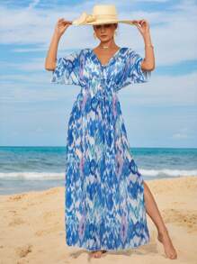 Swim Vcay Women's V-Neck Waist Cinched Long Beach Dress With Spring Break Print, Elegant Cover-Up For Holiday, Summer Vacation - Blue - View 1