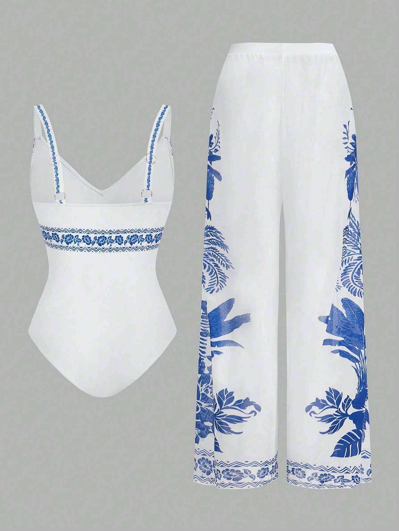 SHEIN Swim Oasis 2 Peças/Conjunto Maiô com Estampa Floral de Decote em V e Calça Pantalona Cobre Tudo para Praia e Férias - Azul e Branco - Visão 2