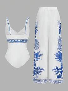 SHEIN Swim Oasis 2pcs/Set Floral Print V-Neck One-Piece Swimsuit And Wide Leg Pants Cover Up Beach Vacation Set - Blue and White - View 2
