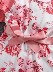 SHEIN 2pcs Young Girl Red Heart Ribbon Dress And Ruched Ruffled Cardigan Set - Pink - View 3