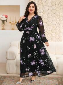 Modelyn Sukienka damska w dużym rozmiarze z nadrukiem kwiatowym, kontrastową koronką i rękawami w kształcie latarni, elegancka abaja - Czarne - Zobacz 5