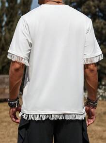 Genlund Camiseta blanca casual casual de hombre con decoración de flecos de unicolor - Blanco - Ver 2