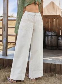 Breezaya 女士休闲宽松阔腿口袋牛仔裤，百搭西式女式波西米亚风牛仔布 - 米色 - 查看 6