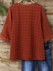 SHEIN LUNE Plus Size Women's V-Neck Textured Polka Dot Long Sleeve Ruffled Panel Casual Loose Fit Blouse, Suitable For Spring/Summer, Vacation And Daily Wear