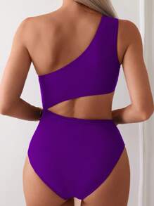 SHEIN Swim 1 件女士纯色不对称肩连体泳衣，简约时尚，适合夏季泳装 - 紫色 - 查看 2