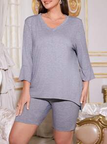Plus Size Solid Color Casual Knitted Comfortable Pajama Set - Grey - View 5