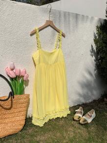 Comfortcana Women's Summer Vacation Casual Solid Color Spaghetti Strap Ruffle Mini Dress Sundress - Yellow - View 4