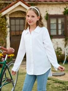 Camisa de manga larga de unicolor versátil informal para niñas preadolescentes