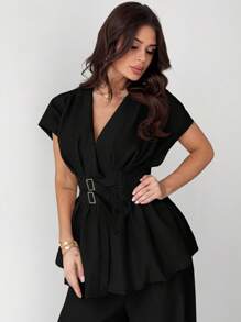 Firerie Nuevo conjunto de traje sastre elegante y sencillo para oficina con cárdigan de fibra de bambú color albaricoque de cuello en V con cintura ceñida y pantalón de pierna ancha de talle alto, conjunto de ropa de trabajo