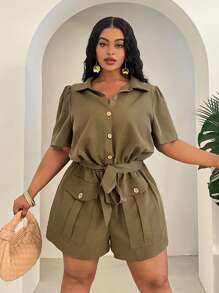 Slaydiva 2025 New Women Rave/Easter Outfit, Old Money Style, Country Concert Outfit, Going Out Outfit, Fairycore, Festival Outfit, Tropical Vacation Outfit, Summer Outfit, Rave, European Summer, Spring Outfit, Western Wear Plus, Concert, Graduation Outfit, Versatile All-Match Casual Utility Pocket Decorated Romper, Sleeveless Top, Shorts For Women, High Waisted Shorts - Army Green - View 1