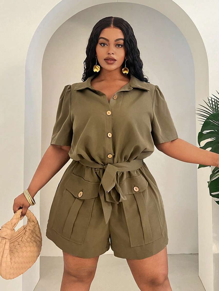 Slaydiva 2025 New Women Rave/Easter Outfit, Old Money Style, Country Concert Outfit, Going Out Outfit, Fairycore, Festival Outfit, Tropical Vacation Outfit, Summer Outfit, Rave, European Summer, Spring Outfit, Western Wear Plus, Concert, Graduation Outfit, Versatile All-Match Casual Utility Pocket Decorated Romper, Sleeveless Top, Shorts For Women, High Waisted Shorts - Army Green - View 1