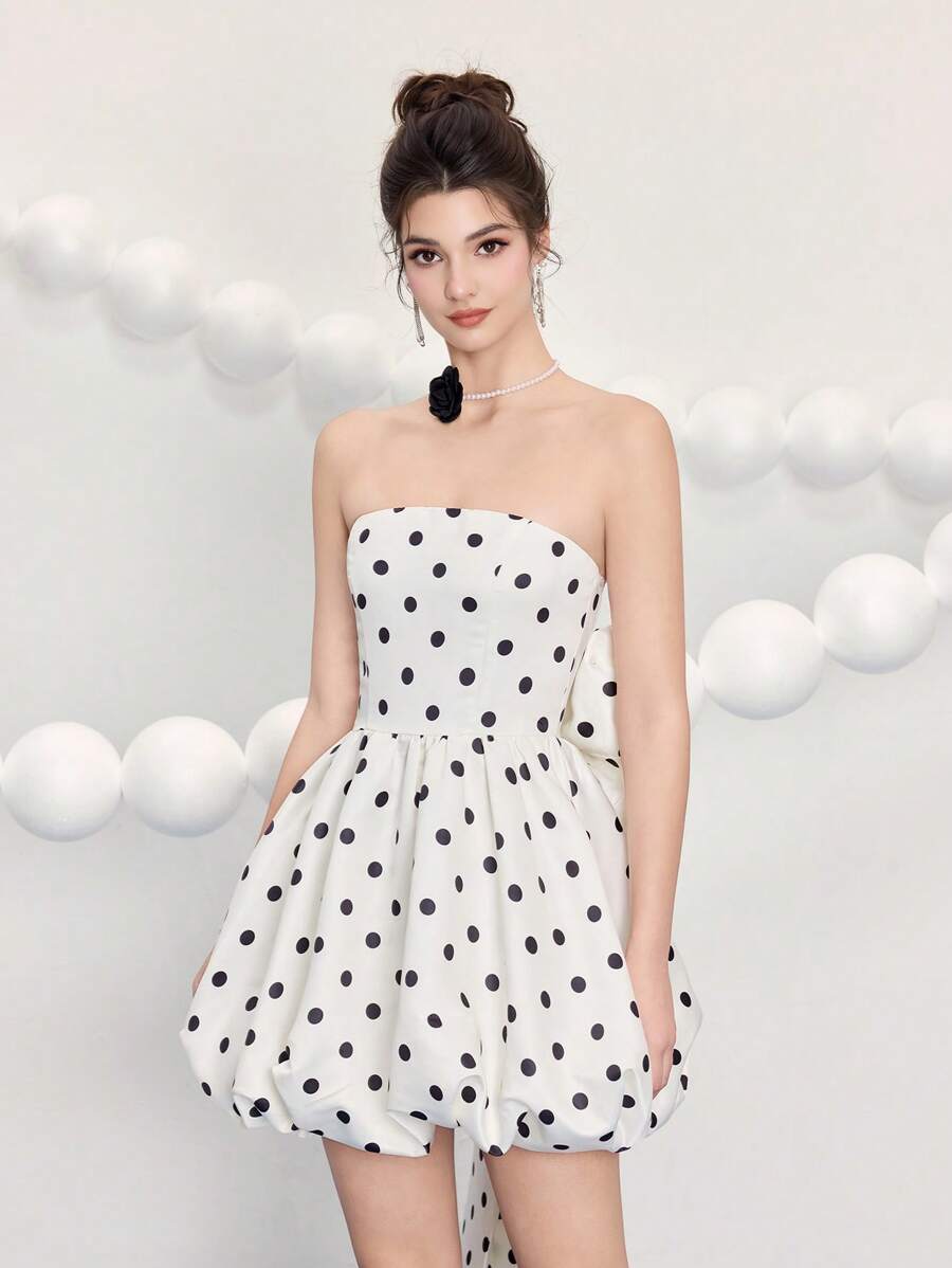 Poshira Women Woven Polka Dot Short Bustier Party Dress, Luxury Evening Short Dress, Music Festival Spring/Summer, Wedding Guest Dress, Prom Dress - Apricot - View 1