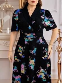 SHEIN Clasi Curvy Plus Size Women's Sparkling Floral Print Short Sleeve Elegant Black Summer Dress,V Neck A-Line Midi Cocktail Resort & Wedding Guest Formal Dress - Multicolor - View 1
