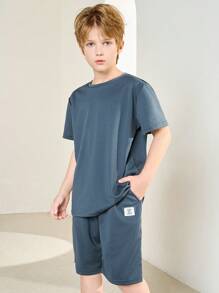 SHEIN Leap Crew Tween Boy Patched Detail Top & Track Shorts Set - Dusty Blue - View 4