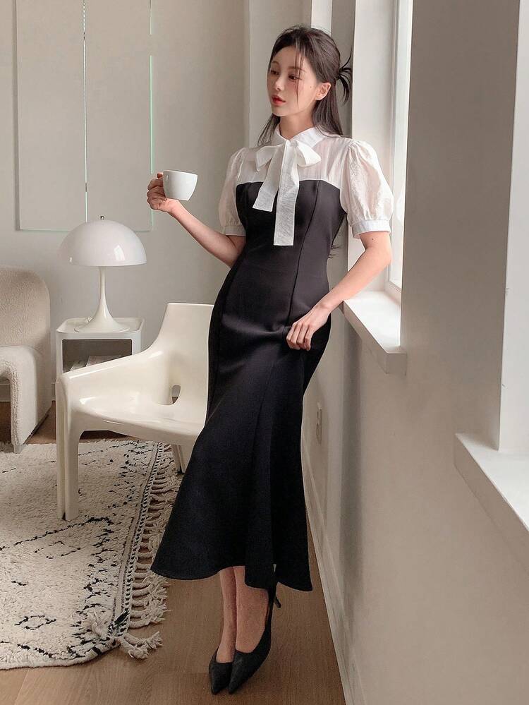 Women's Contrast Color Polo Collar Short Sleeve Fish Tail Midi Dress Elegant Sundress