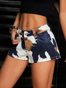 SHEIN ICON Retro American Cow Print Low Waist Fitted Women Denim Shorts