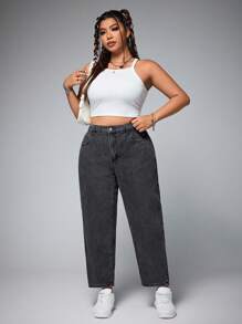 SHEIN EZwear Plus Size Casual Washed High Waist Tapered Leg Jeans