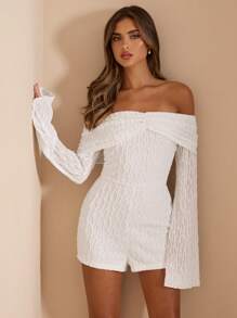 SHEIN BAE 性感露肩收紧紧身长袖提花纹理女式连体衣、优雅连体衣、度假连体衣、白色连体衣 - 白色 - 查看 6