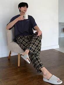 DAZY Men's Summer Letter Print T-Shirt & Plaid Shorts 2 Pieces Pajama Set - Navy Blue - View 7