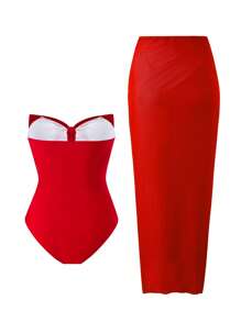 Swim Oasis 2 piezas Conjuntos de ropa de verano para la playa para mujer: 1 pieza Traje de baño de una sola pieza con escote trasero, lazo y calado, y 1 pieza Falda de playa con abertura y nudos en la parte delantera, conjunto de alta gama a juego (diseño sin tirantes + con tirantes de espagueti)