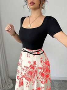 Rafferiza Vestido mini elegante y entallado con estilo qipao para mujeres, cuello cuadrado, manga corta, lazo en la cintura, estampado chino - Albaricoque - Ver 3