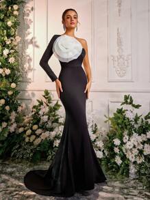 Glamrae 优雅华丽的黑白弹力针织手工立体大花装饰不对称领袖鱼尾裙，适合约会之夜正式场合晚礼服、派对礼服、婚礼宾客礼服、长袍、晚礼服 - 黑與白 - 查看 6