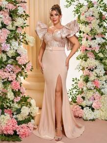 Glamrae Plus Size Elegante Luxe Formele Jurk, Bruiloftsgastjurk Met Overdreven Geplooide Kraag, Getailleerde Taille, Jacquardstof, Contrasterende Panelen, Hoge Split, En Uitlopende Sleepzoom, Geschikt Voor Avondbanket, Feestjurk