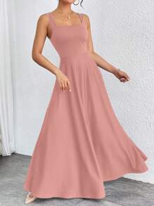 SHEIN Privé 女士纯色方领无袖优雅伞形下摆连衣裙 - 藕粉色 - 查看 4