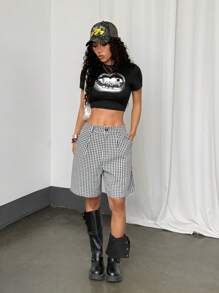 StreetHx Women's Casual Black & White Plaid Shorts, Spring - Black and White - View 3