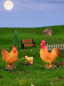 3 件套微型鸡装饰套装，1 只公鸡 + 1 只母鸡 + 1 只小鸡，大公鸡微景观树脂装饰，苔藓装饰，迷你装饰，DIY 景观卡通母鸡和小鸡配件