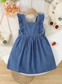 1pc Girls Casual Cute Collegiate Style Blue Woven Bleached Denim Strawberry Cap Sleeve Dress,Holiday,Summer,Travel - Blue - View 8