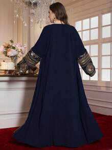 Al Najma Abaya para mujer de talla grande con bordado y puntada de hilo dorado, túnica modesta - Azul Marino - Ver 2