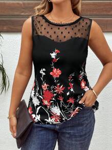 SHEIN Clasi Camiseta sin mangas de talla grande con estampado floral elegante y lunares de malla