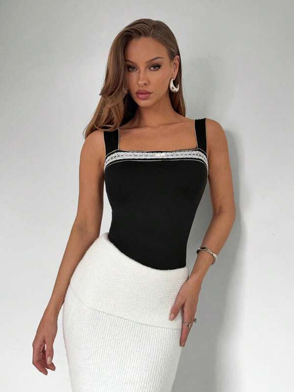 Roylia Women's Fashionable Slim Fit Lace Trim Bodysuit With Spaghetti Strap