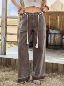 Breezaya Women's Loose Fit Pocket Flared Leg Casual Versatile Jeans Western Wear Women Boho Denim