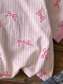 SHEIN Cute Striped Bow Print, Pink, Tween Girls Casual Minimalist Short Sleeve Crew Neck T-Shirt, Suitable For Summer