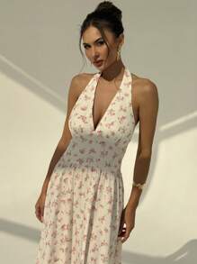 Aloruh Elegantes, sexy tiefes V-Ausschnitt-ärmlelloses, süß rosa Ditsy-Blumen A-Linien Kleid mit fließendem Saum in Midi-Länge, geeignet für Urlaub und Teegesellschaft