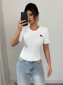 Chiquease Women Elegant Embroidered Pattern Crew Neck Fitted Short Sleeve Knit Top